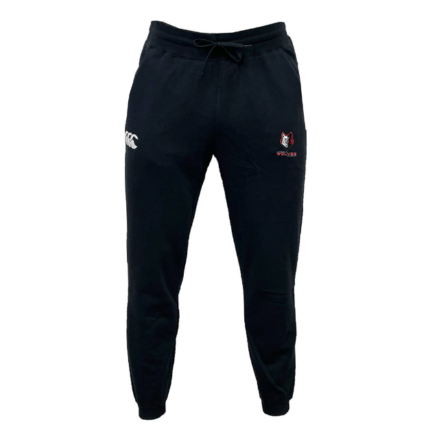 The Lincoln Wolves Leisure Sweatpant by EMB Canterbury features cozy black sweatpant material, a drawstring waistband, white "CCC" logo on the left thigh, and a red and white wolf with "WOLVES RFC" on the right thigh.