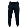 The Lincoln Wolves Leisure Sweatpant by EMB Canterbury features cozy black sweatpant material, a drawstring waistband, white "CCC" logo on the left thigh, and a red and white wolf with "WOLVES RFC" on the right thigh.