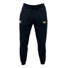 The Monarch Rugby Club Leisure Sweatpant by EMB Canterbury features a drawstring waist, white logo on the right hip, yellow "M" on the left hip, and is made from soft organic cotton for comfort and sustainability.