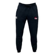 The Guilford College Leisure Sweatpant by EMB Canterbury features a drawstring waist, white and red embroidered thigh logos, and is made from sustainable fleece for comfort and style.
