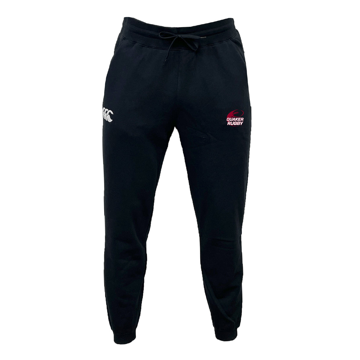 The Guilford College Leisure Sweatpant by EMB Canterbury features a drawstring waist, white and red embroidered thigh logos, and is made from sustainable fleece for comfort and style.