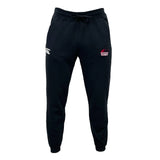 The Guilford College Leisure Sweatpant by EMB Canterbury features a drawstring waist, white and red embroidered thigh logos, and is made from sustainable fleece for comfort and style.