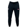 The Guilford College Leisure Sweatpant by EMB Canterbury features a drawstring waist, white and red embroidered thigh logos, and is made from sustainable fleece for comfort and style.