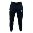 The Las Colinas Rugby Leisure Sweatpant by EMB Canterbury features soft organic cotton, a white Canterbury logo on the left thigh, and a blue-yellow shield emblem on the right for stylish comfort.
