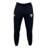 The Las Colinas Rugby Leisure Sweatpant by EMB Canterbury features soft organic cotton, a white Canterbury logo on the left thigh, and a blue-yellow shield emblem on the right for stylish comfort.