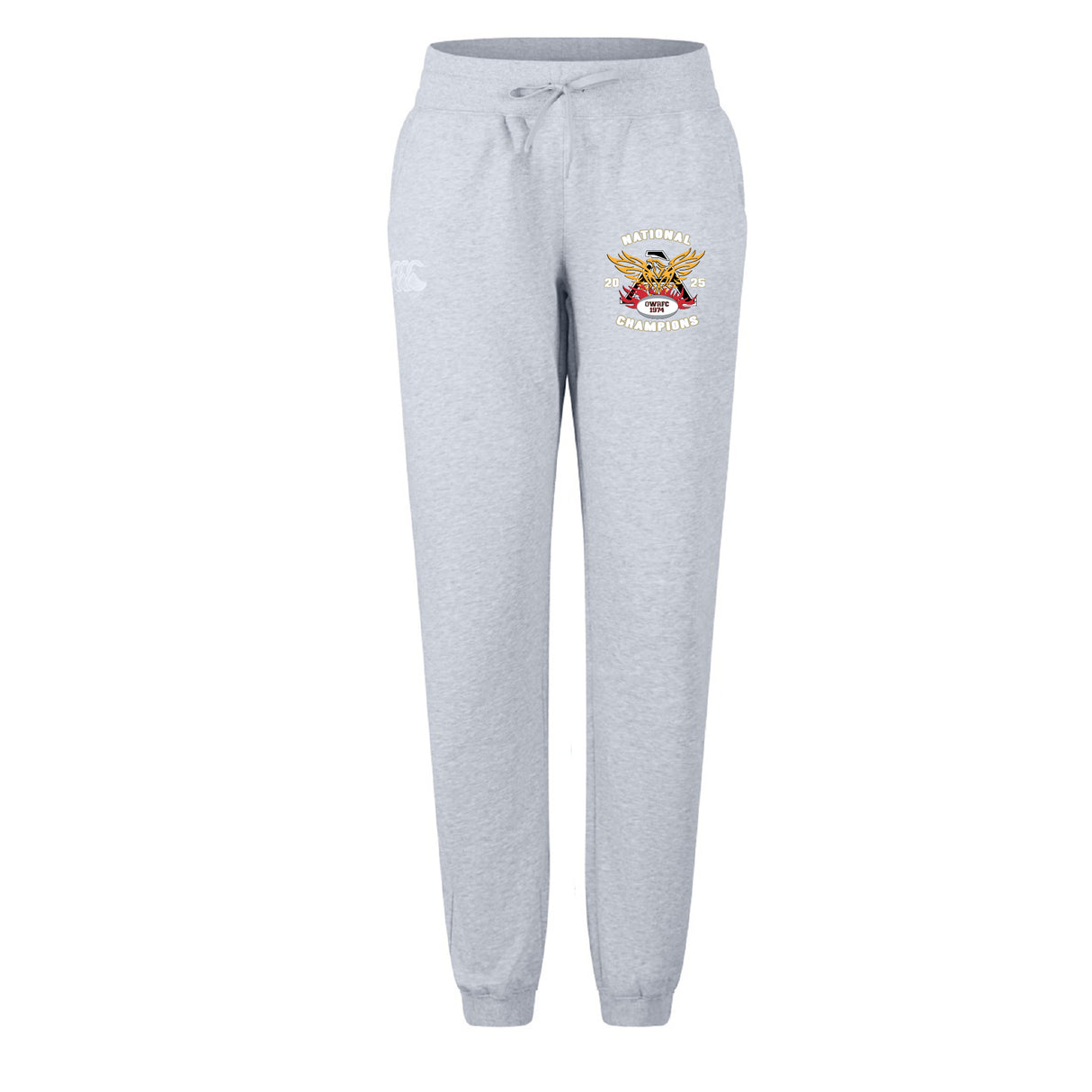 The Atlanta Old White Rugby Champs Women's Leisure Sweatpant by EMB Canterbury features light gray organic cotton, a drawstring waist, and a vibrant "National Champions" graphic—ideal leisurewear from Canterbury sportswear.
