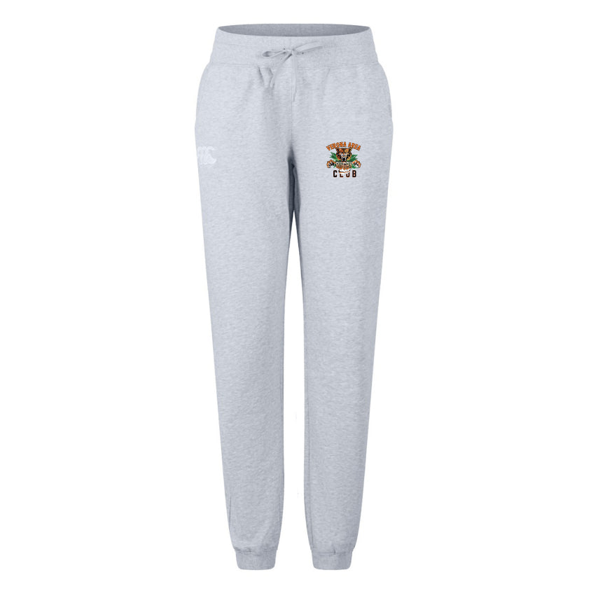 The Verona Area Rugby Women's Leisure Sweatpant by EMB Canterbury blends recycled polyester and organic cotton, featuring a drawstring waist and logos on the left thigh.