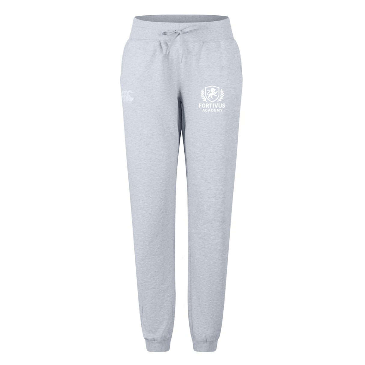 The Fortivus Academy Women's Leisure Sweatpant by EMB Canterbury features a light gray hue, drawstring waist, elastic cuffs, and logo on the thigh. Made from soft organic cotton for everyday comfort.