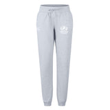 The Fortivus Academy Women's Leisure Sweatpant by EMB Canterbury features a light gray hue, drawstring waist, elastic cuffs, and logo on the thigh. Made from soft organic cotton for everyday comfort.
