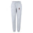 The Lincoln Wolves Women's Leisure Sweatpant by EMB Canterbury features a light gray color, drawstring waist, ribbed cuffs, and two upper left leg logos—a wolf head and "WOLVESLAX" in red—for stylish comfort on relaxing days.