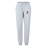 The Lincoln Wolves Women's Leisure Sweatpant by EMB Canterbury features a light gray color, drawstring waist, ribbed cuffs, and two upper left leg logos—a wolf head and "WOLVESLAX" in red—for stylish comfort on relaxing days.