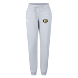 The Monarch Rugby Club Women's Leisure Sweatpant by EMB Canterbury is light grey, made from organic cotton, and features a drawstring waist, "Monarchs Rugby" logo on the left thigh, and a small Canterbury logo on the right.