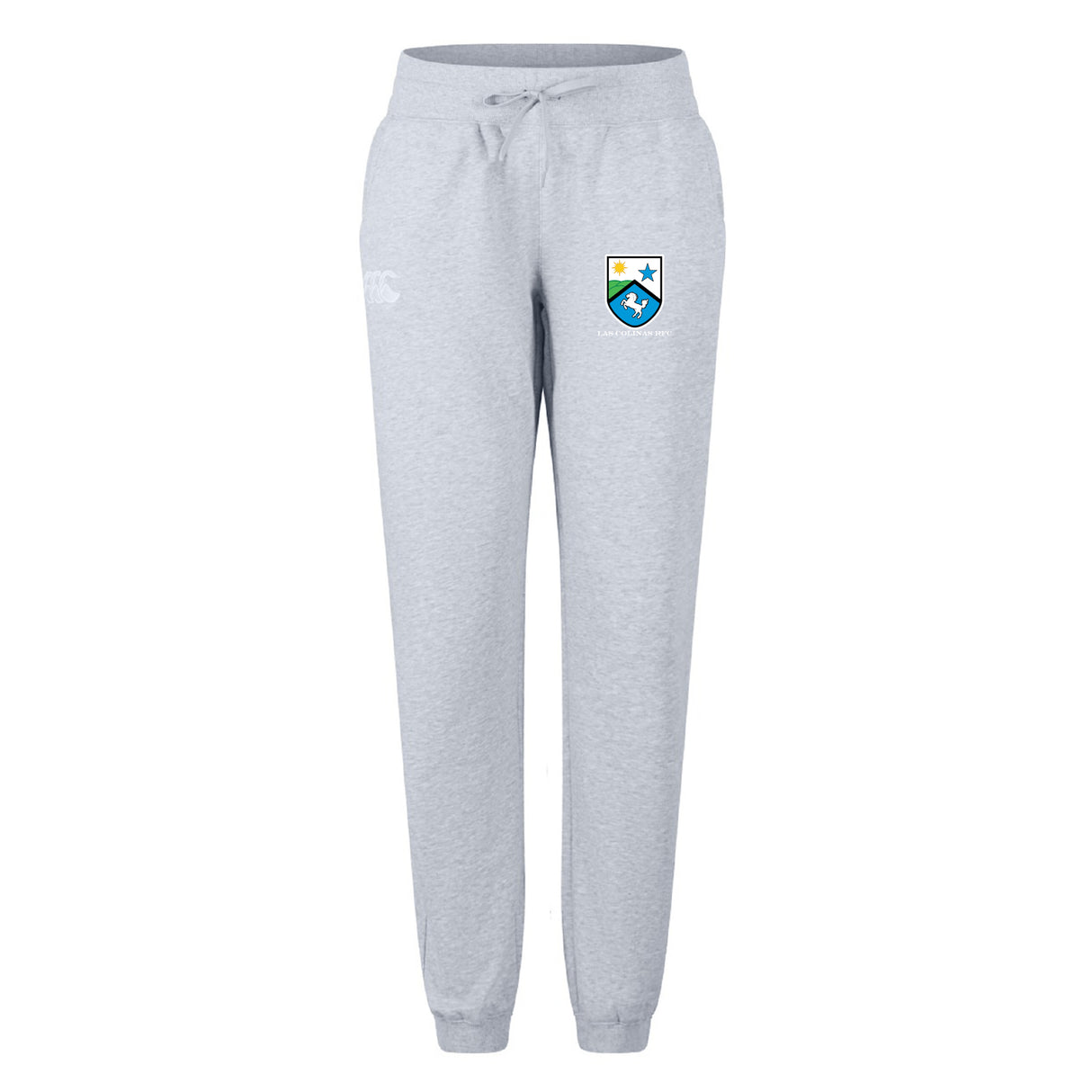 The Las Colinas Rugby Women's Leisure Sweatpant by Canterbury features a blue and yellow crest logo on the upper left thigh, an elastic waistband with drawstring, and is made of soft organic cotton for all-day comfort. Brand: EMB Canterbury.