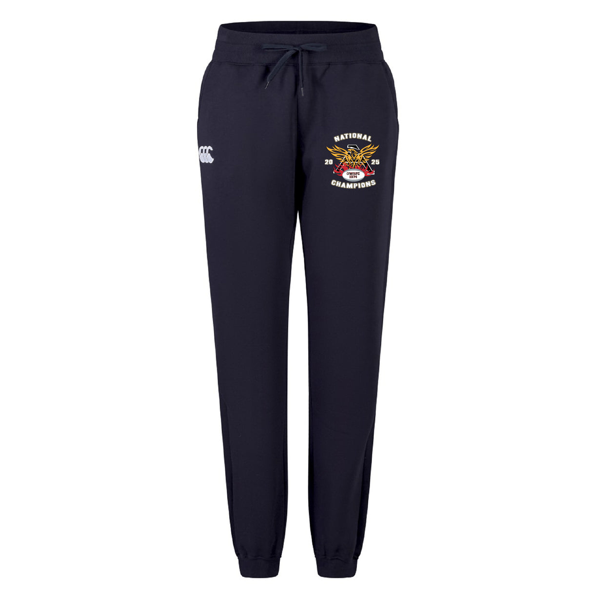 The Atlanta Old White Rugby Champs Women's Leisure Sweatpant by EMB Canterbury features navy organic cotton, a drawstring waist, white logo on the left thigh, and “National Champions 2023” embroidery—ideal for casual wear.