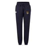 The Verona Area Rugby Women's Leisure Sweatpant by EMB Canterbury is made from a soft cotton blend fleece in black. It features a drawstring waist, cuffed ankles, the Canterbury logo on the right thigh, and a CCC emblem on the left for comfort and style.