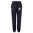 The Las Colinas Rugby Women's Leisure Sweatpant by EMB Canterbury features a navy blue color, elastic waistband with drawstring, logos on the left thigh, and elastic ankle cuffs.