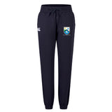 The Las Colinas Rugby Women's Leisure Sweatpant by EMB Canterbury features a navy blue color, elastic waistband with drawstring, logos on the left thigh, and elastic ankle cuffs.