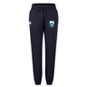 The Las Colinas Rugby Women's Leisure Sweatpant by EMB Canterbury features a navy blue color, elastic waistband with drawstring, logos on the left thigh, and elastic ankle cuffs.