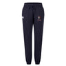 The Lincoln Wolves Women's Leisure Sweatpant by EMB Canterbury features a navy blue color, drawstring waist, embroidered wolf logo and "WOLVES" text on the right thigh, plus a small white logo on the left—combining comfort and style.