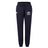 The Fortivus Academy Women's Leisure Sweatpant by EMB Canterbury features navy blue fabric, elastic cuffs, a drawstring waist, and two front logos—"Canterbury" and "Fortivus Academy"—for ultimate comfort and style.