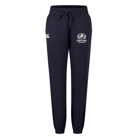 The Fortivus Academy Women's Leisure Sweatpant by EMB Canterbury features navy blue fabric, elastic cuffs, a drawstring waist, and two front logos—"Canterbury" and "Fortivus Academy"—for ultimate comfort and style.