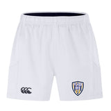 The Franklin County High School Rugby Advantage Short 2.0 by EMB Canterbury features an elastic waistband, side pockets, a black Canterbury logo on the left leg, and a Flyer RFC shield on the right—crafted for comfort, durability, and sustainability.