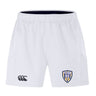 The Franklin County High School Rugby Advantage Short 2.0 by EMB Canterbury features an elastic waistband, side pockets, a black Canterbury logo on the left leg, and a Flyer RFC shield on the right—crafted for comfort, durability, and sustainability.