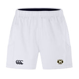 The Monarch Rugby Club Advantage Short 2.0 by EMB Canterbury features an elastic waistband, side pockets, and dual logos—ideal performance training shorts for those who value sustainable sportswear.