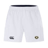 The Monarch Rugby Club Advantage Short 2.0 by EMB Canterbury features an elastic waistband, side pockets, and dual logos—ideal performance training shorts for those who value sustainable sportswear.