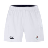 The EMB Canterbury Lincoln Wolves Advantage Short 2.0 features an elastic waistband, black Canterbury logo on the left leg, and a "WOLVES" wolf emblem on the right—ideal for stylish and comfortable performance training.