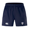 The Franklin County High School Rugby Advantage Short 2.0 by EMB Canterbury features an elastic waistband, side pockets, and front logos—a white manufacturer mark and club crest. Made from recycled materials for sustainable training performance.