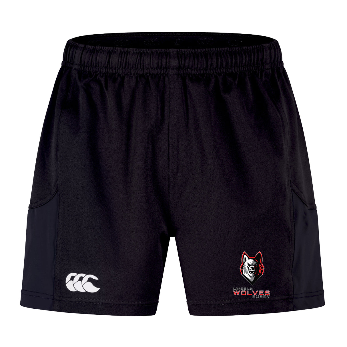 The EMB Canterbury Lincoln Wolves Advantage Short 2.0 features an elastic waistband, white Canterbury logo on the left leg, and red and white Wolves logo on the right—performance training shorts designed for optimal comfort.
