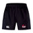 The Guilford College Advantage Short 2.0 by EMB Canterbury features an elastic waistband, a white Canterbury logo on the left leg, and a red "Quaker Rugby" logo on the right for comfort and style.