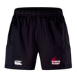 The Guilford College Advantage Short 2.0 by EMB Canterbury features an elastic waistband, a white Canterbury logo on the left leg, and a red "Quaker Rugby" logo on the right for comfort and style.
