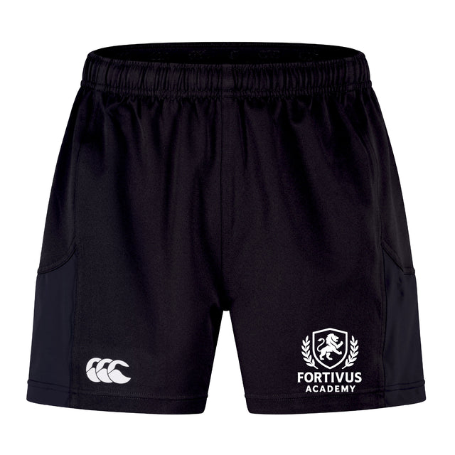 The Fortivus Academy Advantage Short 2.0 by EMB Canterbury features black performance fabric, an elastic waistband, the Canterbury logo on the left leg, and the Fortivus Academy crest on the right leg.