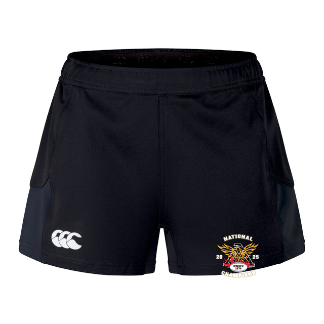 The Atlanta Old White Rugby Champs Women's Advantage Short 2.0 by EMB Canterbury features side pockets, a white Canterbury logo, and a "National Champions 2025" badge—ideal women's rugby shorts for comfort and performance.