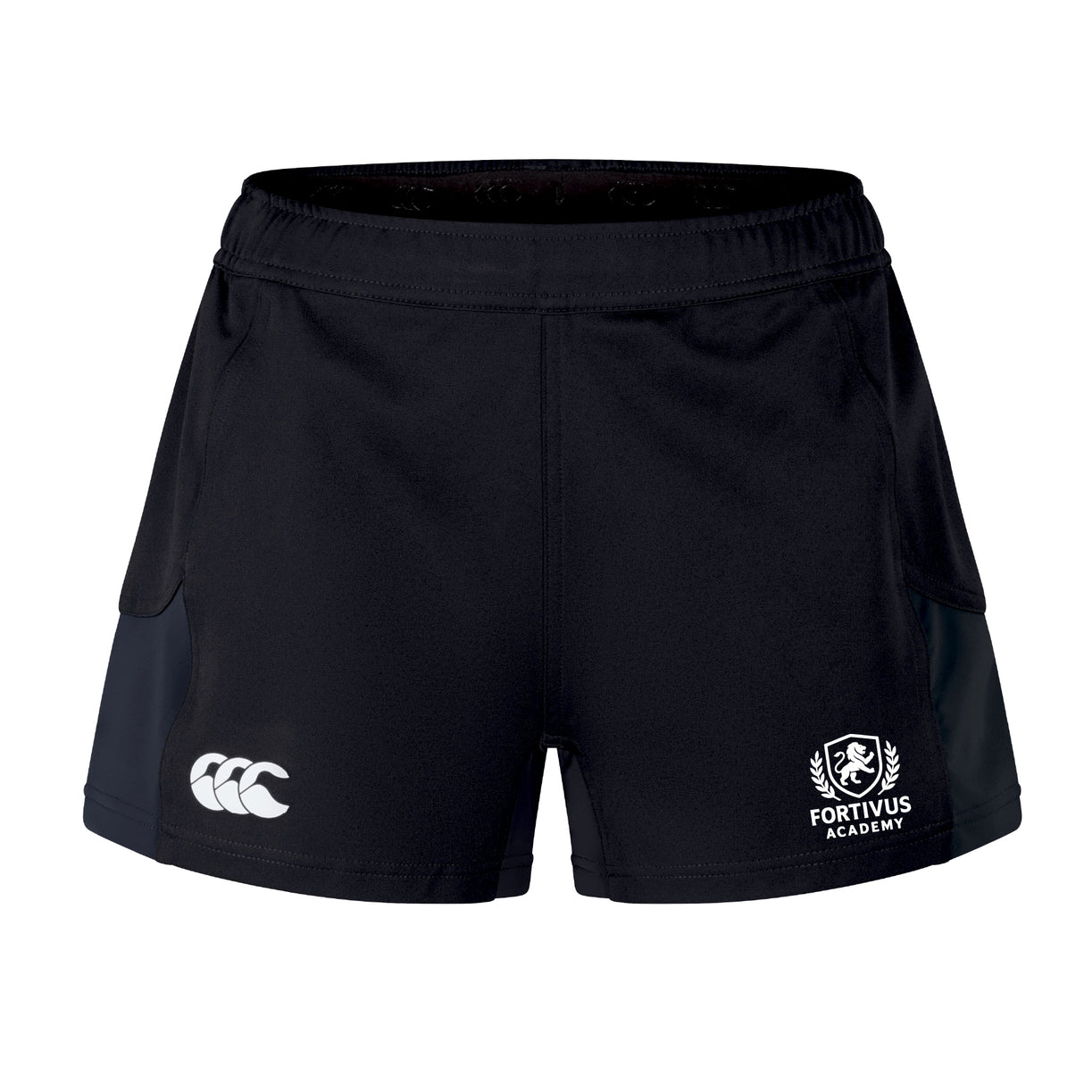 The Fortivus Academy Women's Advantage Short 2.0 by EMB Canterbury features black fabric, a white Canterbury logo on the left leg, and the Fortivus Academy crest on the right, offering sustainable athletic style against a plain white background.