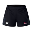 The Guilford College Women's Advantage Short 2.0 by EMB Canterbury features the Canterbury logo on the left leg and a Quaker Rugby emblem on the right, offering performance and style for women's rugby.