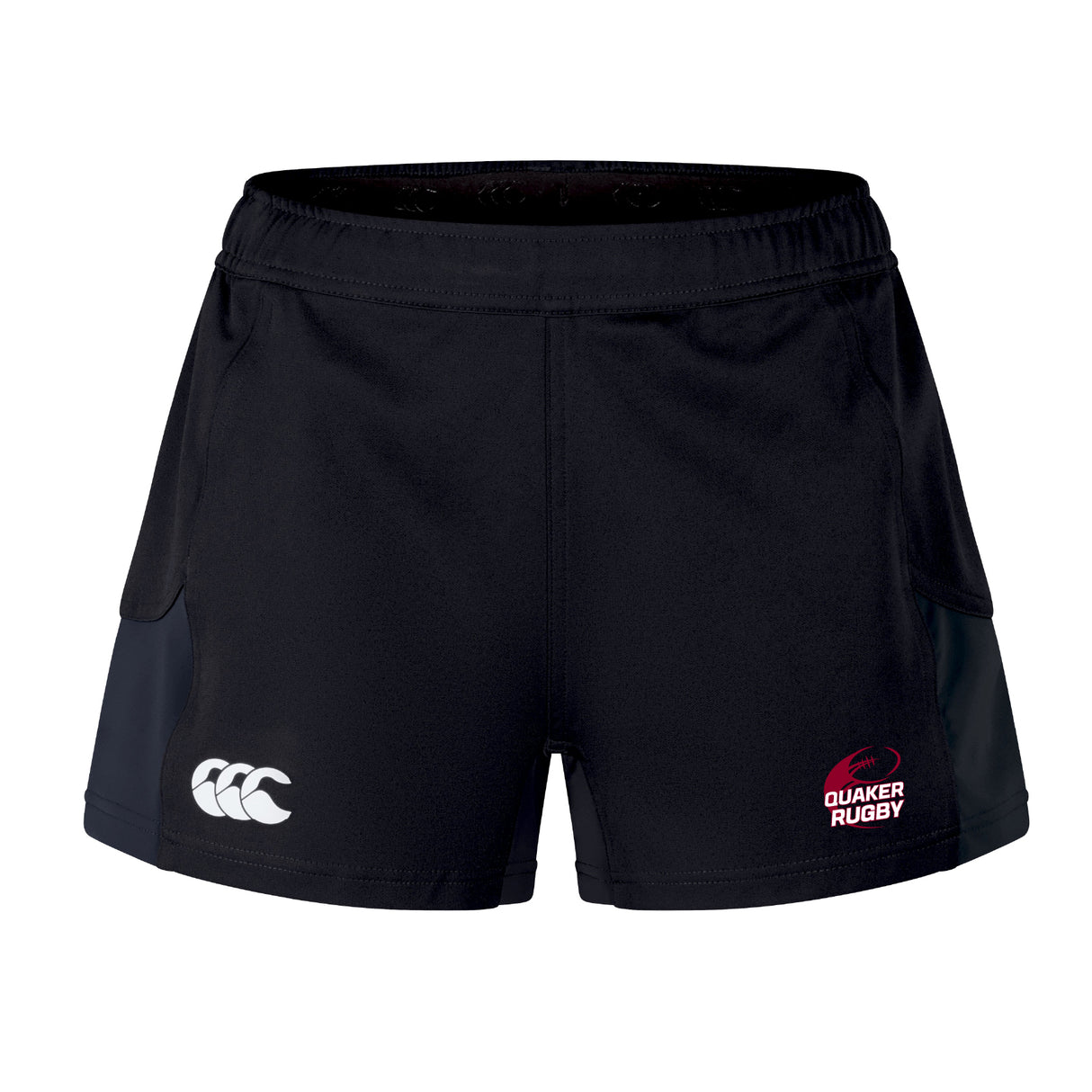 The Guilford College Women's Advantage Short 2.0 by EMB Canterbury features the Canterbury logo on the left leg and a Quaker Rugby emblem on the right, offering performance and style for women's rugby.