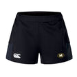 The Monarch Rugby Club Women's Advantage Short 2.0 by EMB Canterbury features an elastic waistband, white Canterbury logo on the left leg, and a gold "Old Mission Beach Rugby" badge—perfect for stylish, comfortable women's rugby wear.