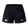 The Monarch Rugby Club Women's Advantage Short 2.0 by EMB Canterbury features an elastic waistband, white Canterbury logo on the left leg, and a gold "Old Mission Beach Rugby" badge—perfect for stylish, comfortable women's rugby wear.