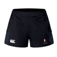 The Lincoln Wolves Women's Advantage Short 2.0 by EMB Canterbury features the iconic Canterbury logo on the left leg and a wolf emblem with "WOLVES" text on the right, making them perfect sustainable athletic shorts for your next workout.