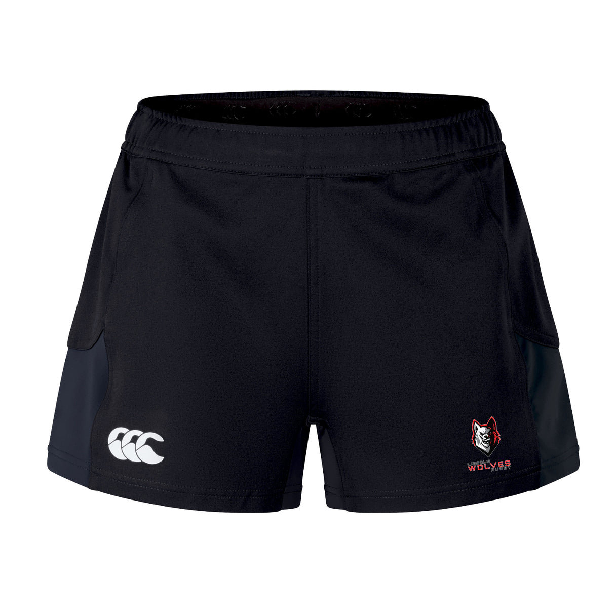 The Lincoln Wolves Women's Advantage Short 2.0 by EMB Canterbury features the iconic Canterbury logo on the left leg and a wolf emblem with "WOLVES" text on the right, making them perfect sustainable athletic shorts for your next workout.