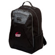 The Guilford College Medium Backpack by EMB Canterbury features water-repellent material, front and side zippered pockets, mesh side pocket, padded laptop pocket, and "QUAKER RUGBY" logo on the front.
