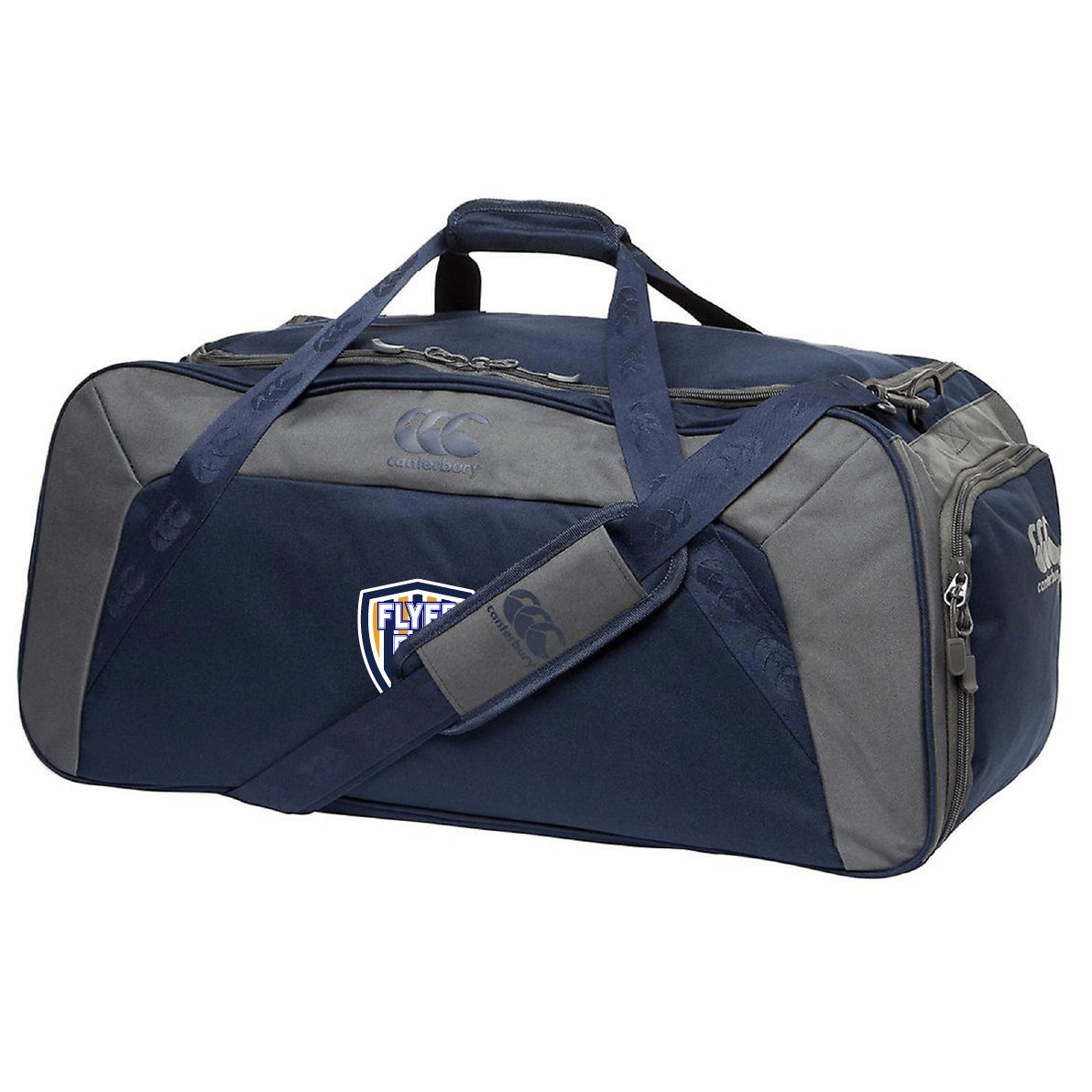 The Franklin County High School Rugby Holdall Duffle Bag by EMB Canterbury features a navy and gray design, shoulder strap, "Flyers" logo, Canterbury branding, and is water repellent—ideal for keeping rugby gear dry and organized.