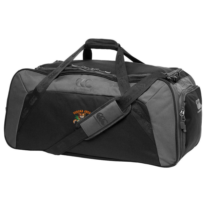 The Verona Area Rugby Holdall Duffle Bag by EMB Canterbury in black and gray features an embroidered logo, adjustable shoulder strap, handles, and is made from water-repellent fabric for durability.