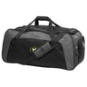 The Monarch Rugby Club Holdall Duffle Bag by EMB Canterbury is a black and gray water-repellent bag with handles, shoulder strap, and embroidered logos on the front and sides—ideal for organizing and protecting your rugby gear.