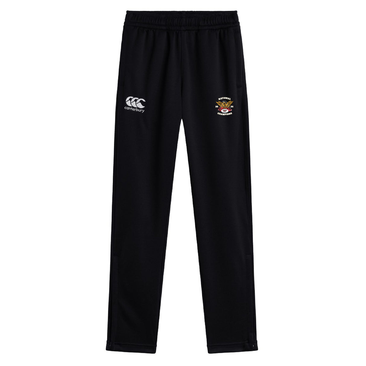The Atlanta Old White Rugby Champs Stretch Tapered Pant by EMB Canterbury features an elastic waistband, white Canterbury logo on the left, and a multicolored embroidered crest on the right—perfect men's quick-dry workout pants.