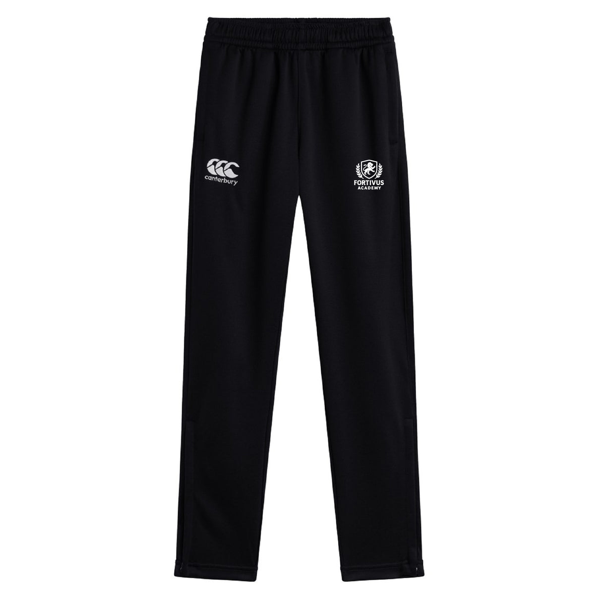 The Fortivus Academy Stretch Tapered Pant by EMB Canterbury features an elastic waistband, Canterbury and Fortress logos, and quick-dry fabric for active comfort—ideal tapered workout pants for men.