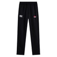 The Guilford College Stretch Tapered Pant by EMB Canterbury features black quick dry fabric, an elastic waistband, a white Canterbury logo on the left thigh, and a red and white "Rugby Academy" logo on the right—ideal for men's workouts.